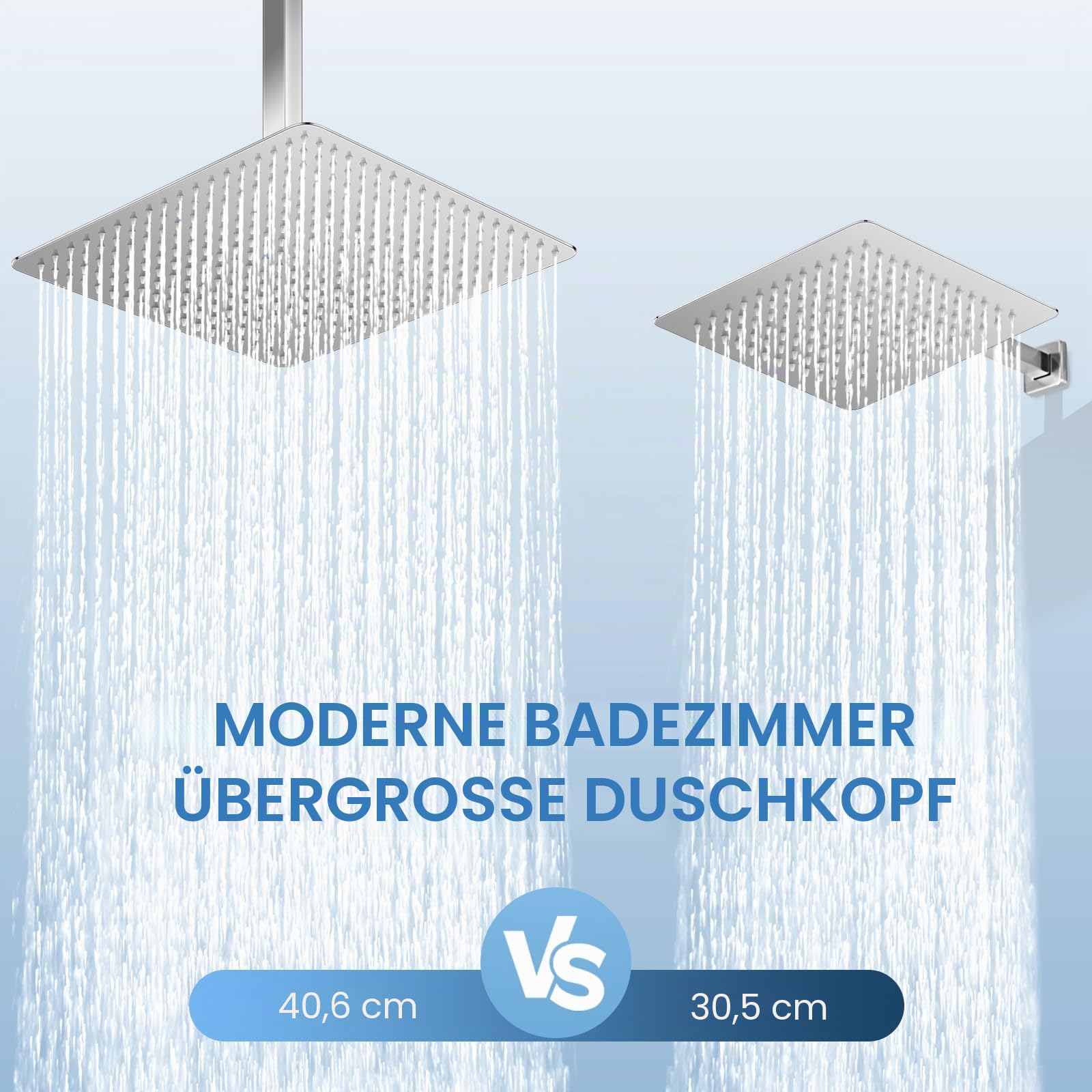 40CM Duschkopf Regendusche Groß Poliertes Chrom, 304 Edelstahl Wasserfall Duschkopf Wassersparend, Mit 324 Anti Kalk Düsen, 360° Verstellbarer 16 Zoll Regenduschkopf Eckig