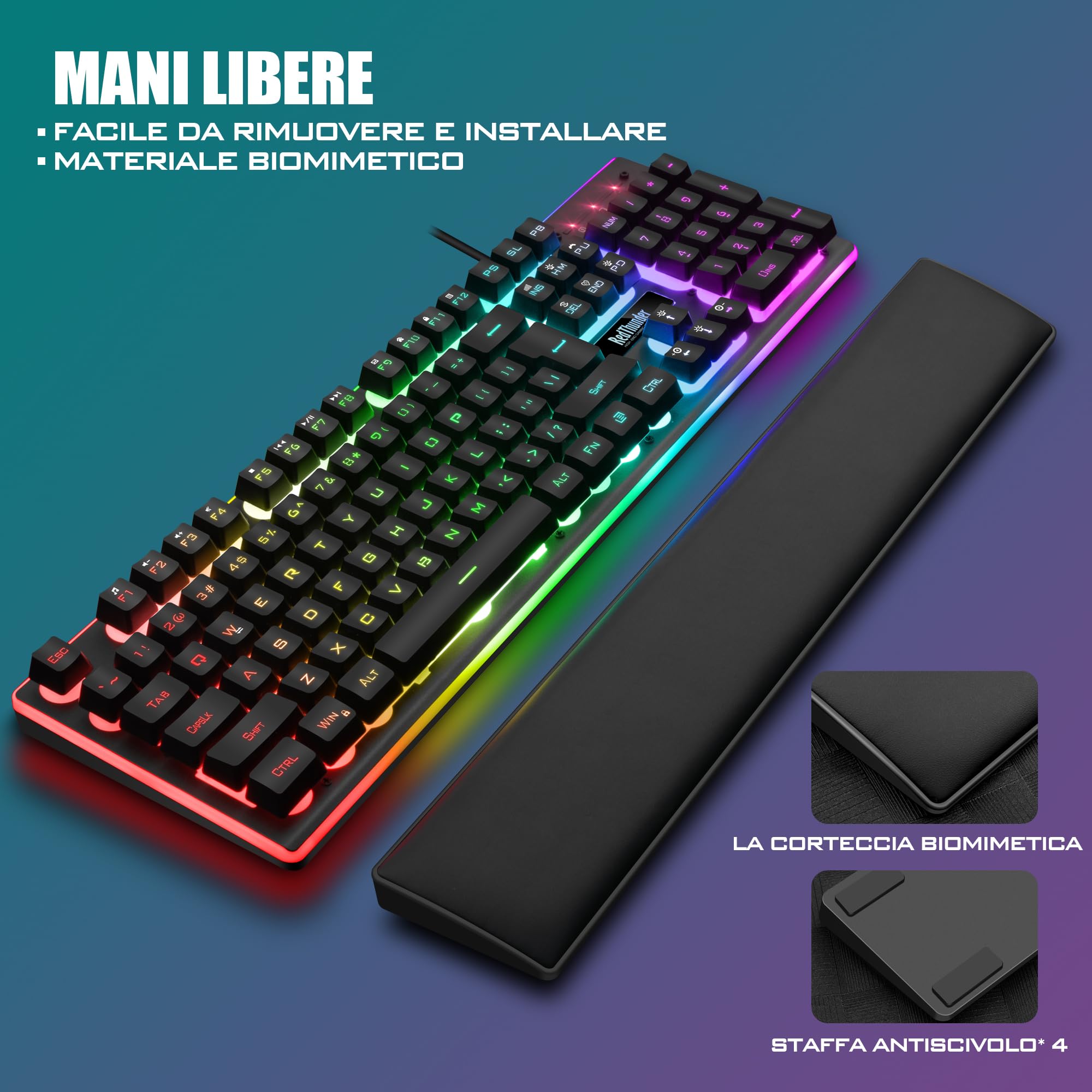 RedThunder K10 Set di Poggiapolsi in Pelle 3-in-1, Retroilluminazione Dinamica RGB + Sensazione Meccanica, Tasti Anti Ghosting + Mouse 7D 7200DPI, Layout IT, Giocatori PC - Nero