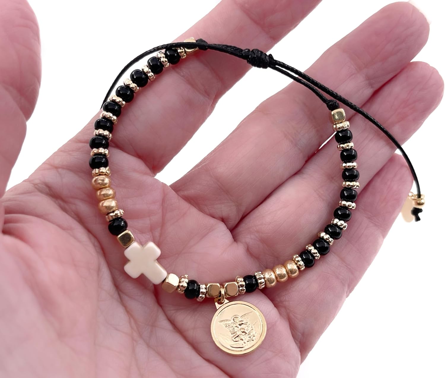 SIFRIMANIA Protector Saint Michael Archangel Beaded Adjustable Catholic Guardian Angel Bracelet for Women, Protection Cross, Religious Medal