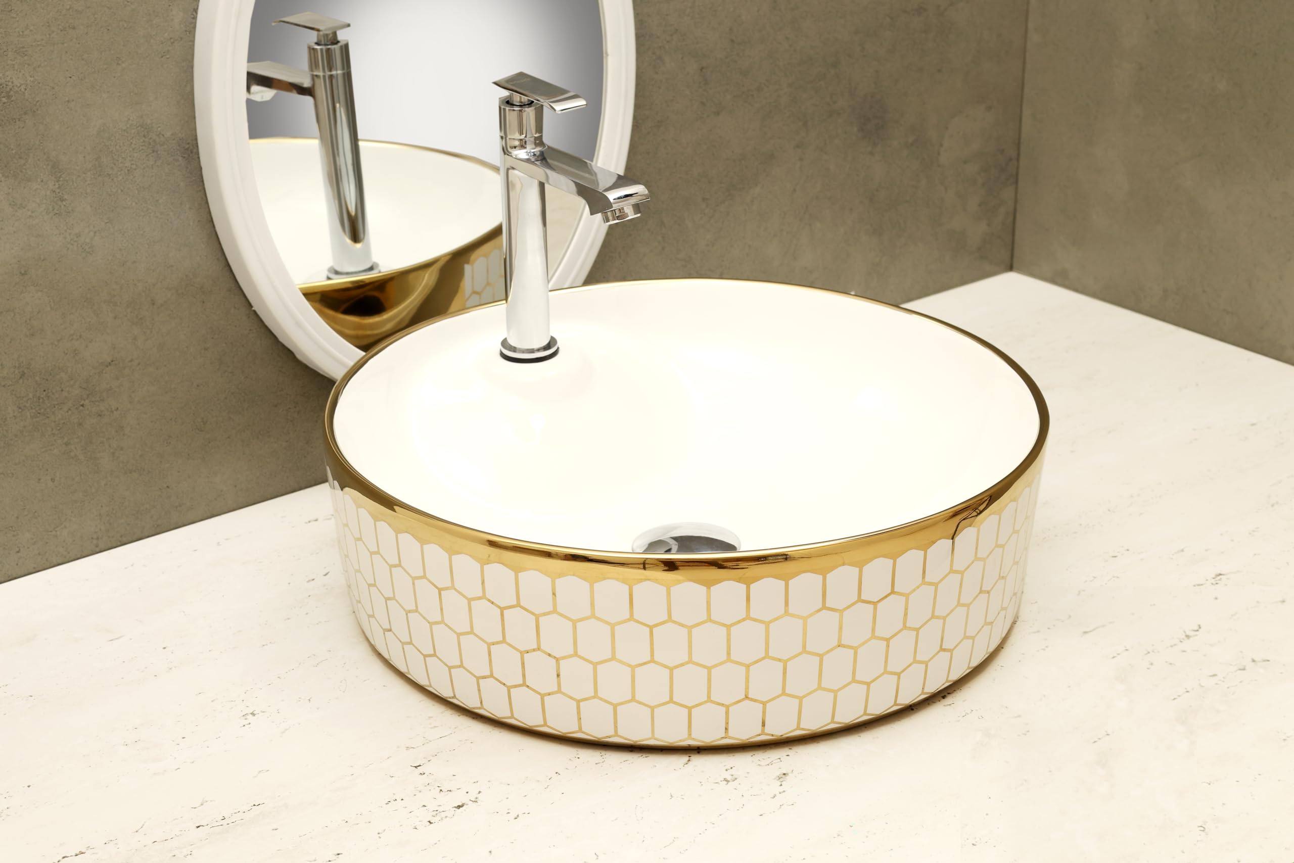 HISRE Resin Round Designer Wash Basin Countertop Tabletop For Living Room Hotel Lobby Bathroom Basins & Living Room/Vessel/Sink/Wash Basin Gold (17 x 17 x 5 (2) G2402, photo 2 of 4