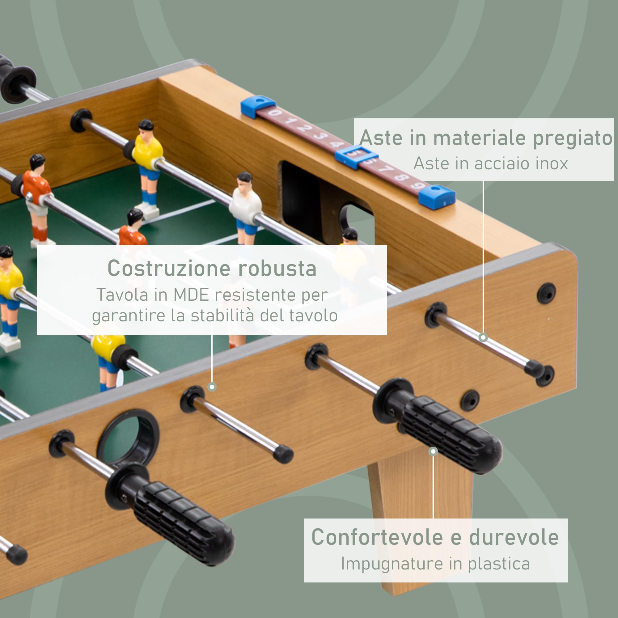 HOMCOM Calcio Balilla Adulti Bambini 2 Palline 69x36.5x22 cm Color Legno | 18 Giocatori e Segnapunti, Calcetto Balilla in MDF, per Casa Scuola, per 2-4 Persone