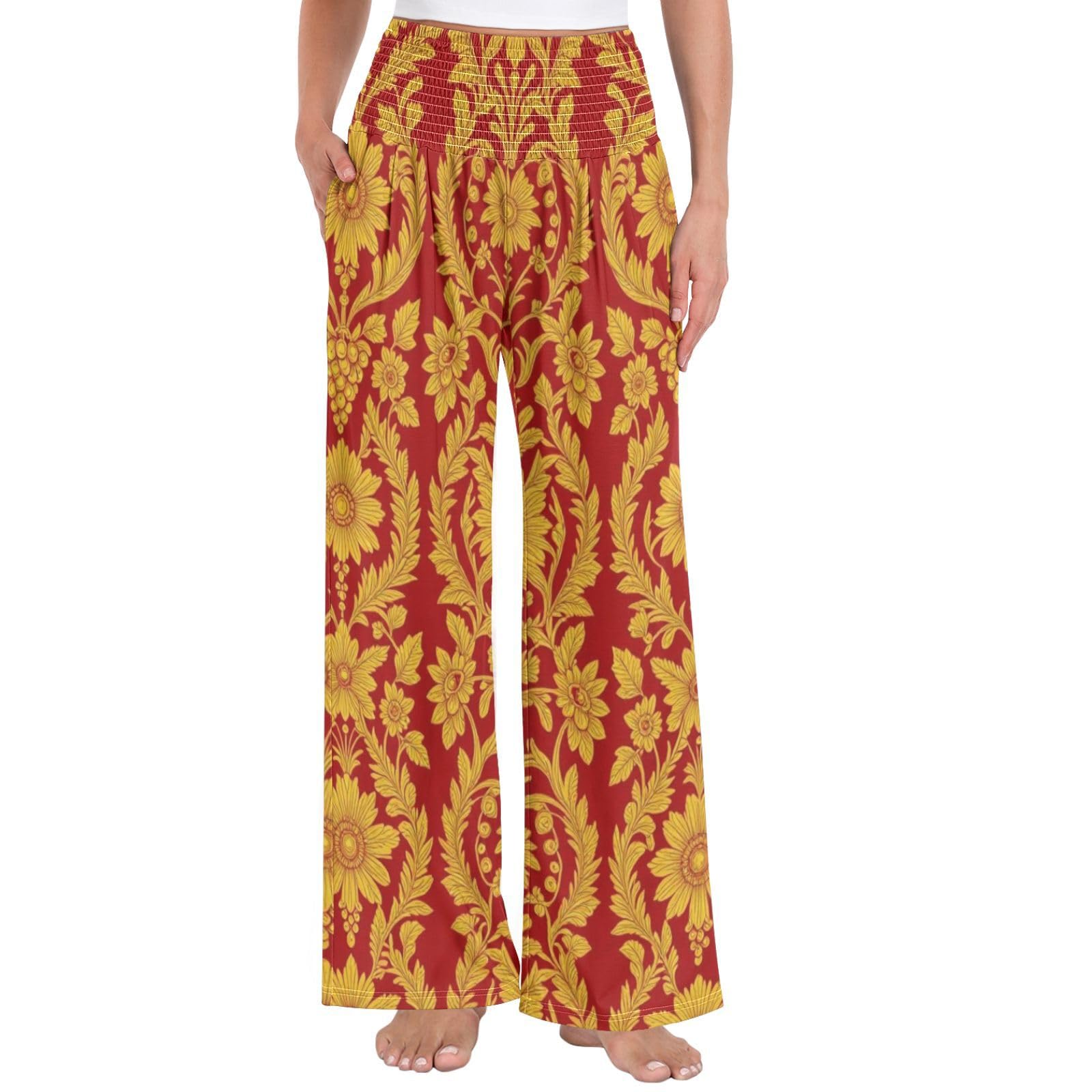 Pantaloni da donna palazzos damascati rossi a vita alta, vestibilità ampia, pantaloni estivi