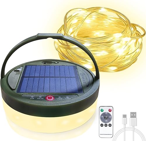 Guirnalda de luces de campamento, tiras de hadas de Halloween de 39 pies, linterna portátil recargable solar y USB con control remoto y 5 modos de