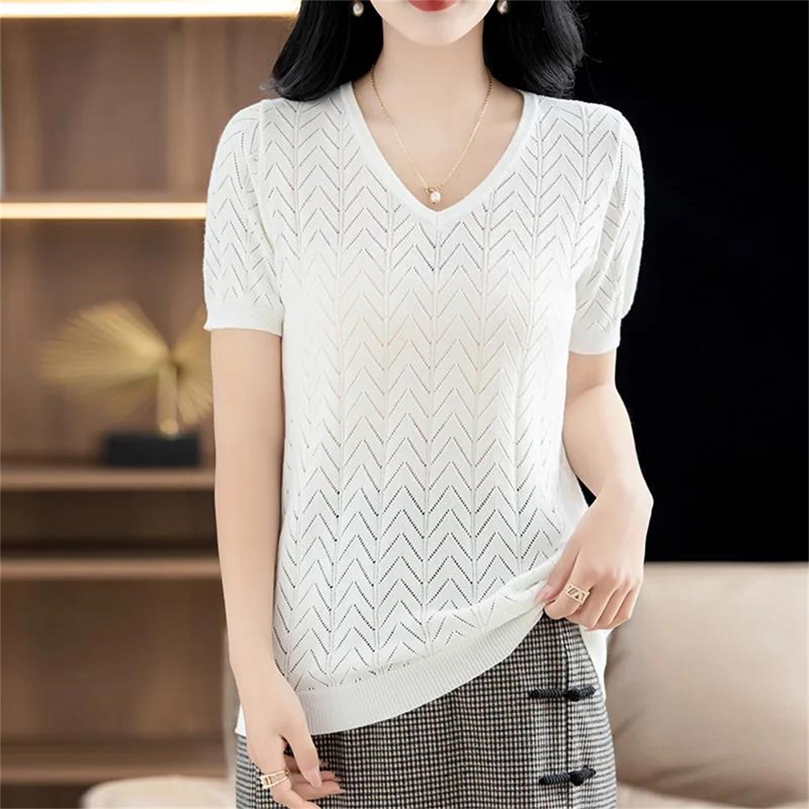 T-shirt uni à col en V et manches courtes pour femme - En coton - Coupe ample - Tendance - Pour l'été