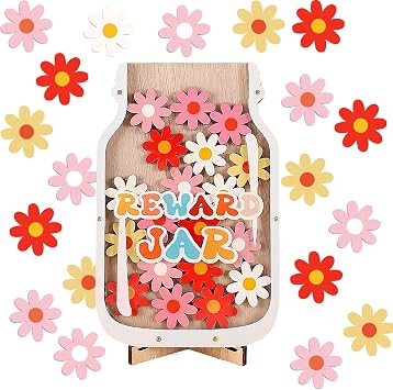 Wooden Reward Jar for Children   Colorful Star Jar Reward System, Flower Design, Classroom Behavior Chart for Kids, Teachers & Parents   Positive Reinforcement Tool for Home & School, 21cm x 13.5cm