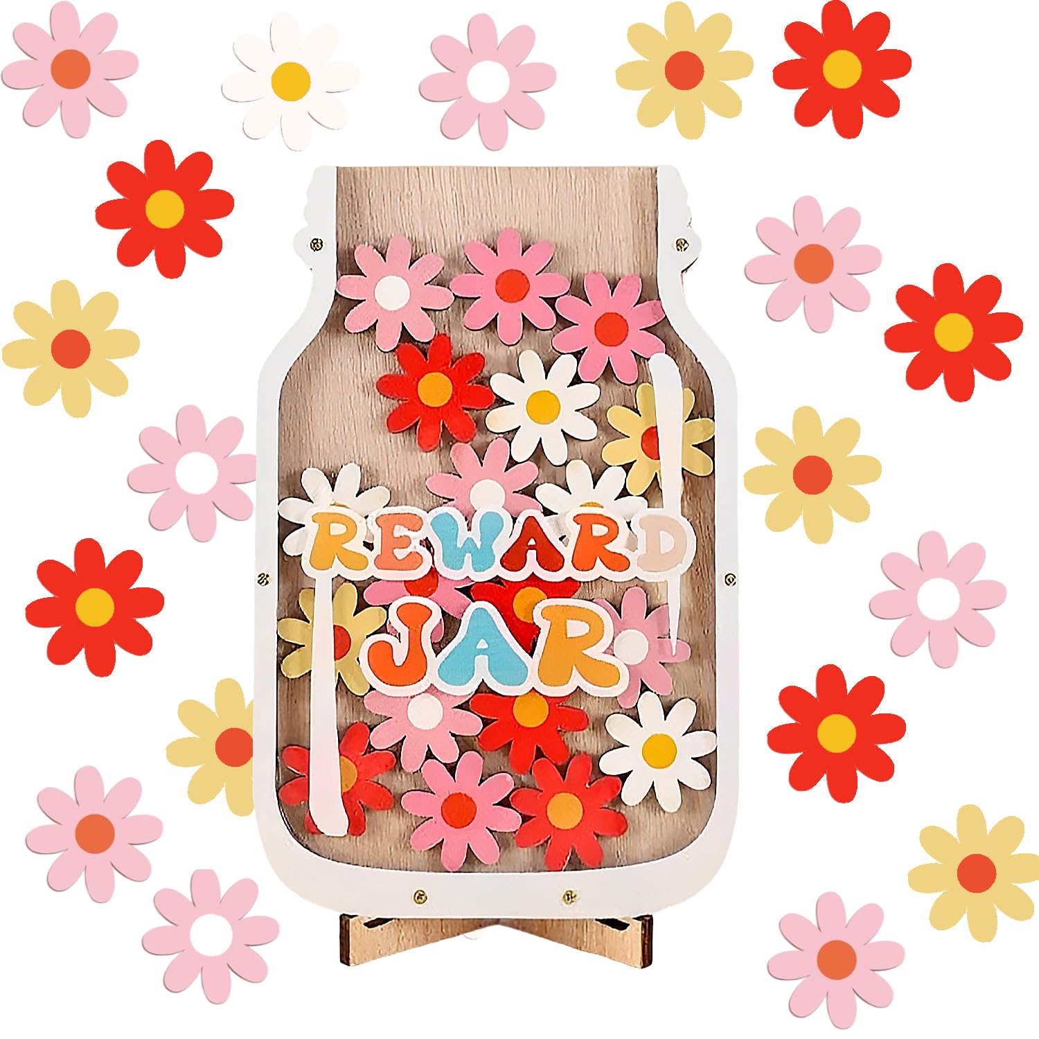 Wooden Reward Jar for Children – Colorful Star Jar Reward System, Flower Design, Classroom Behavior Chart for Kids, Teachers & Parents – Positive Reinforcement Tool for Home & School, 21cm x 13.5cm