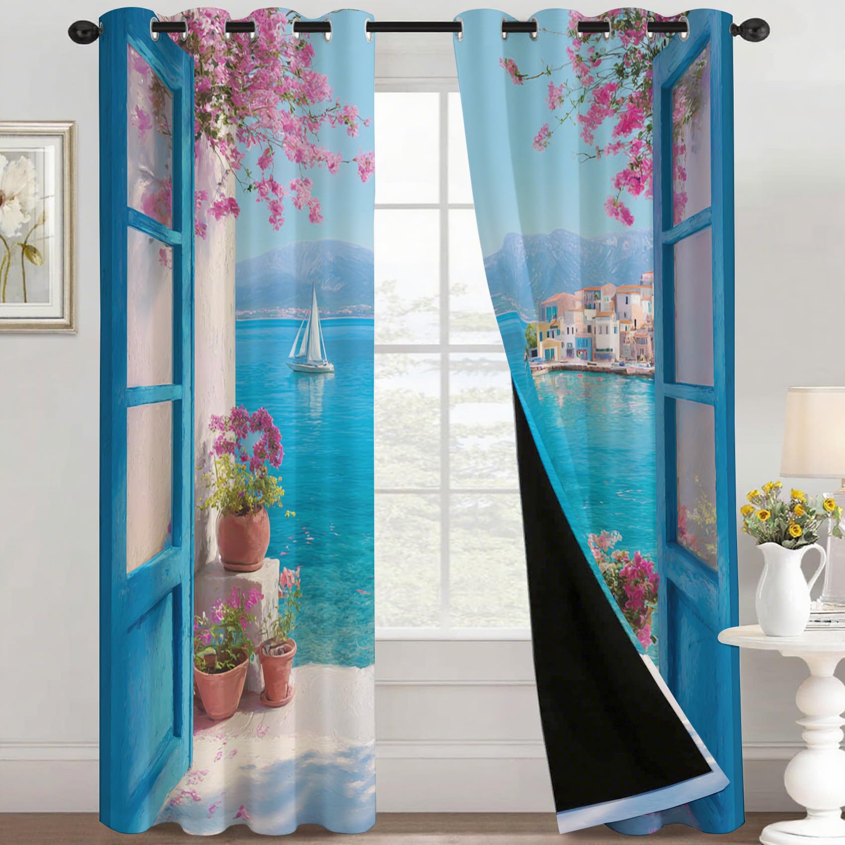 Meer Vorhänge Mit ösen Blickdicht, Ozean Maritim Landschaft Fenster Vorhang Schlafzimmer Wohnzimmer Küche 110 x 215 cm Lang, Übergardinen Innen Verdunklungsvorhänge