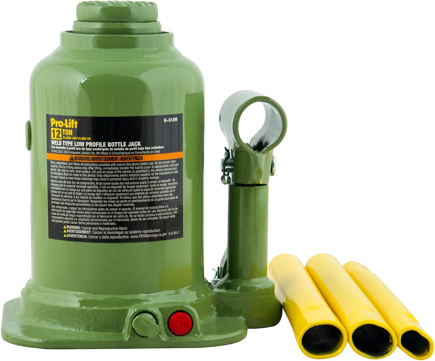 Pro-Lift Welded Bottle Jack 12 Ton - Low Profile (24,000 Lbs) Capacity Hydraulic Lifting with Side Pump Two-Piece Handle