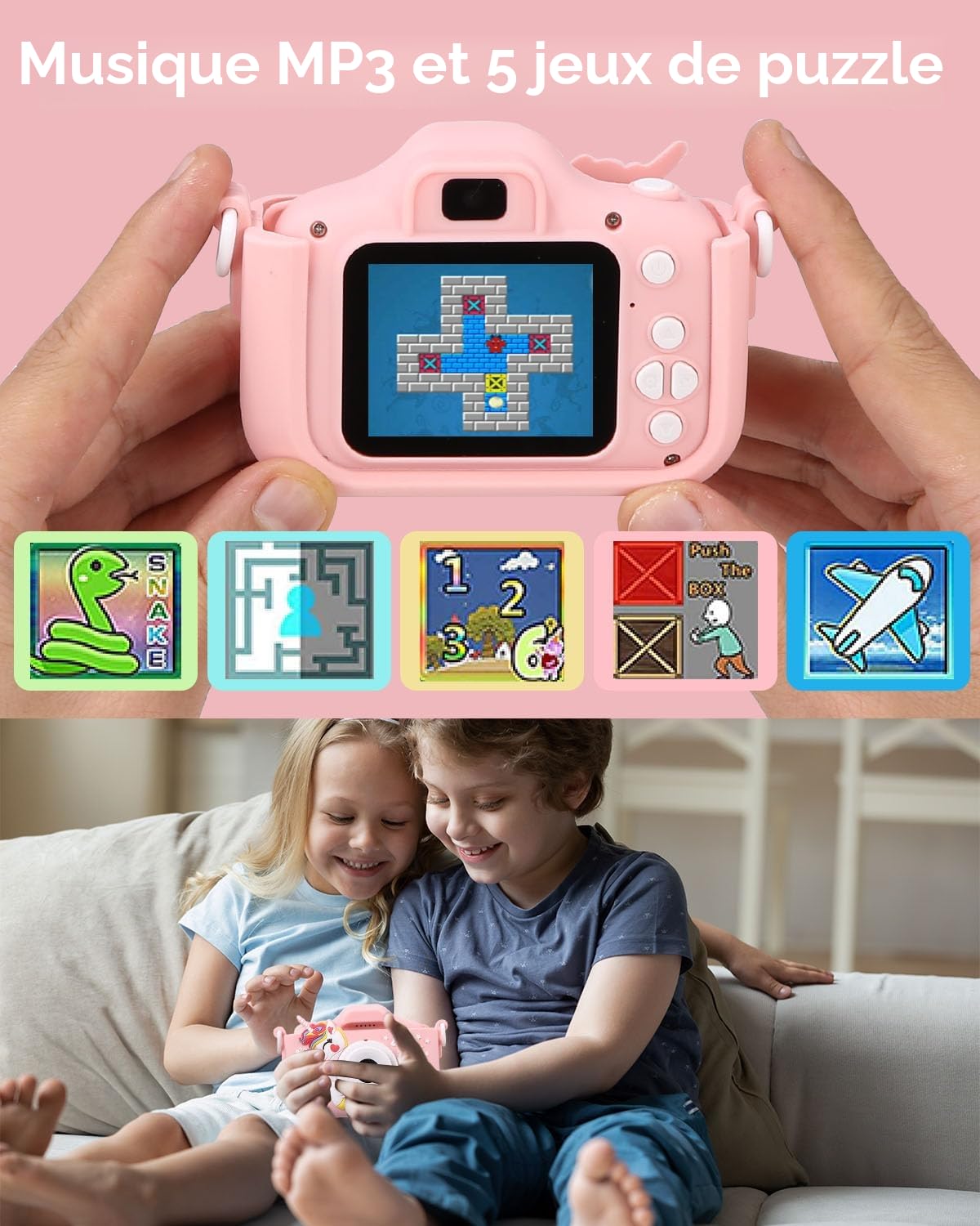 Appareil Photo pour Enfants, 2.0 Pouces Enfant Appareil Photo Numérique, Mini Caméra Rechargeable Caméscope Cadeau Jouet Filles Garçons de 3 à 10 Ans, vidéo HD 1080p,64G SD Carte,Caméras Jeu Enfant