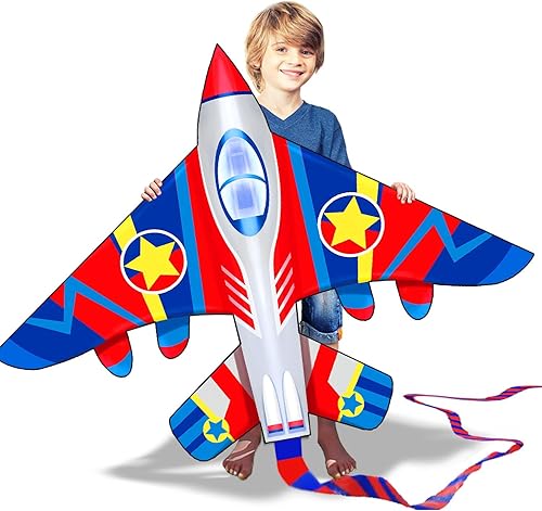 Miniatura 4 de HONBO Avión de combate de 58 pulgadas, cometa para niños y adultos, fácil de volar, cometa para principiantes en viaje a la playa con carrete
