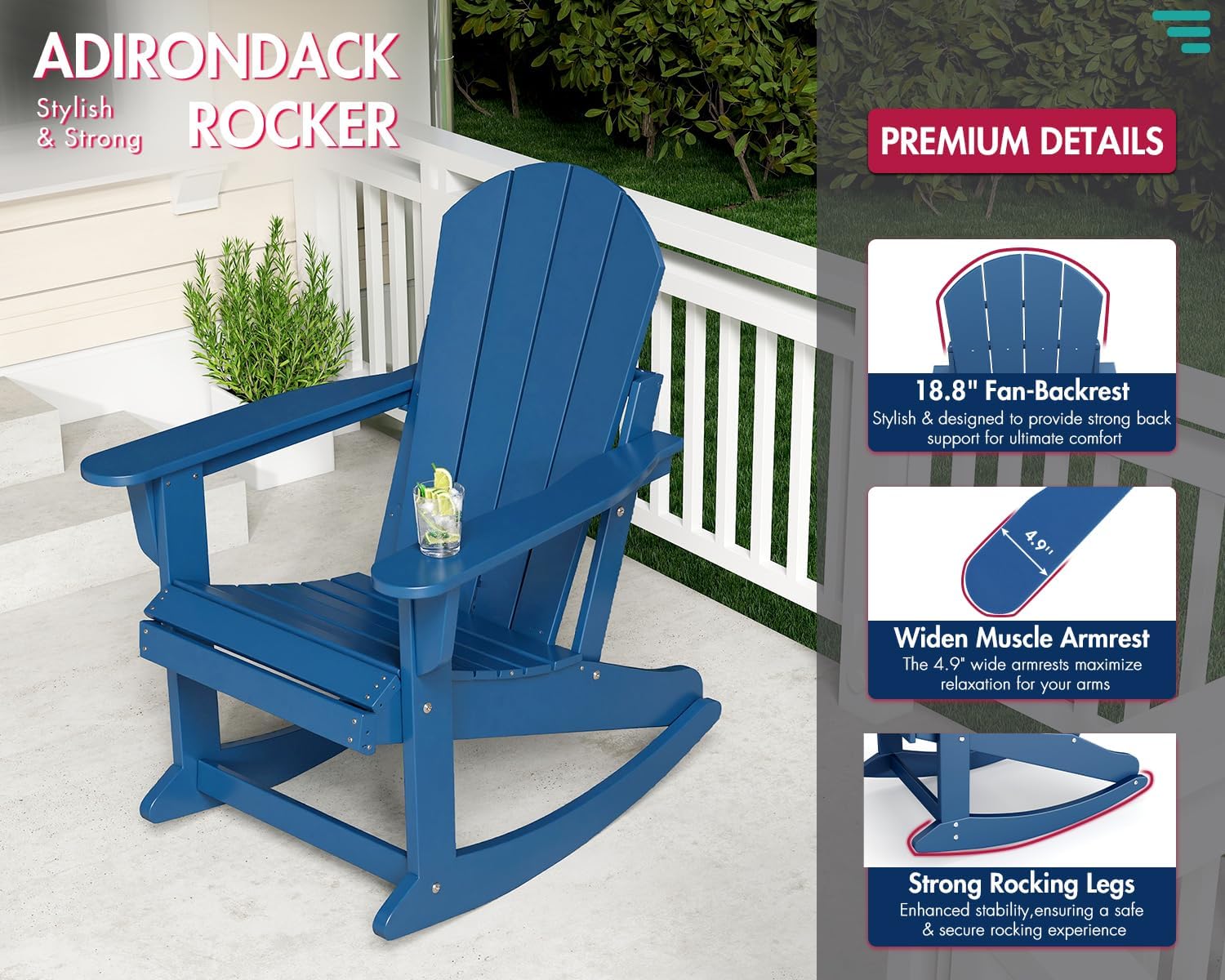 BRIOPAWS Adirondack-Outdoor-Rocking Chairs | Set of 2 | HDPE | Blue | Porch Rockers | All Weather | Patio Rocker Chair | Oversized | Fan Back | Strong Rocking Legs| for Deck Balcony Poolside