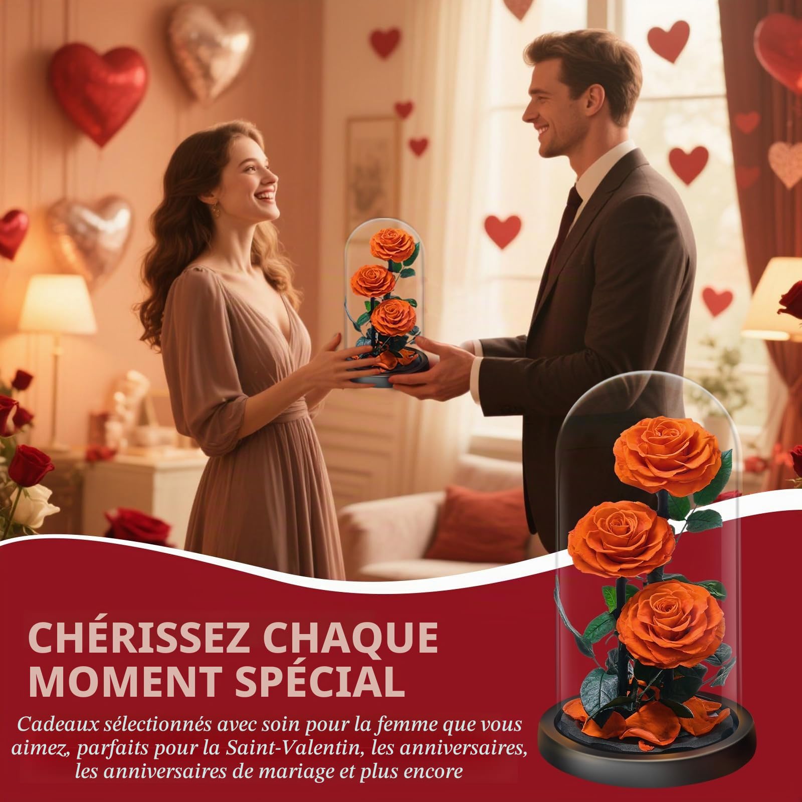 Rose Éternelle sous Cloche, Naturelle Fleur Eternelle Cadeau, Idée Boite Rose Eternel, Cadeau pour la Saint-Valentin, Fête des Mères, Noël, Anniversaire, Femme, Copine, Amie, Maman, Grand Mere