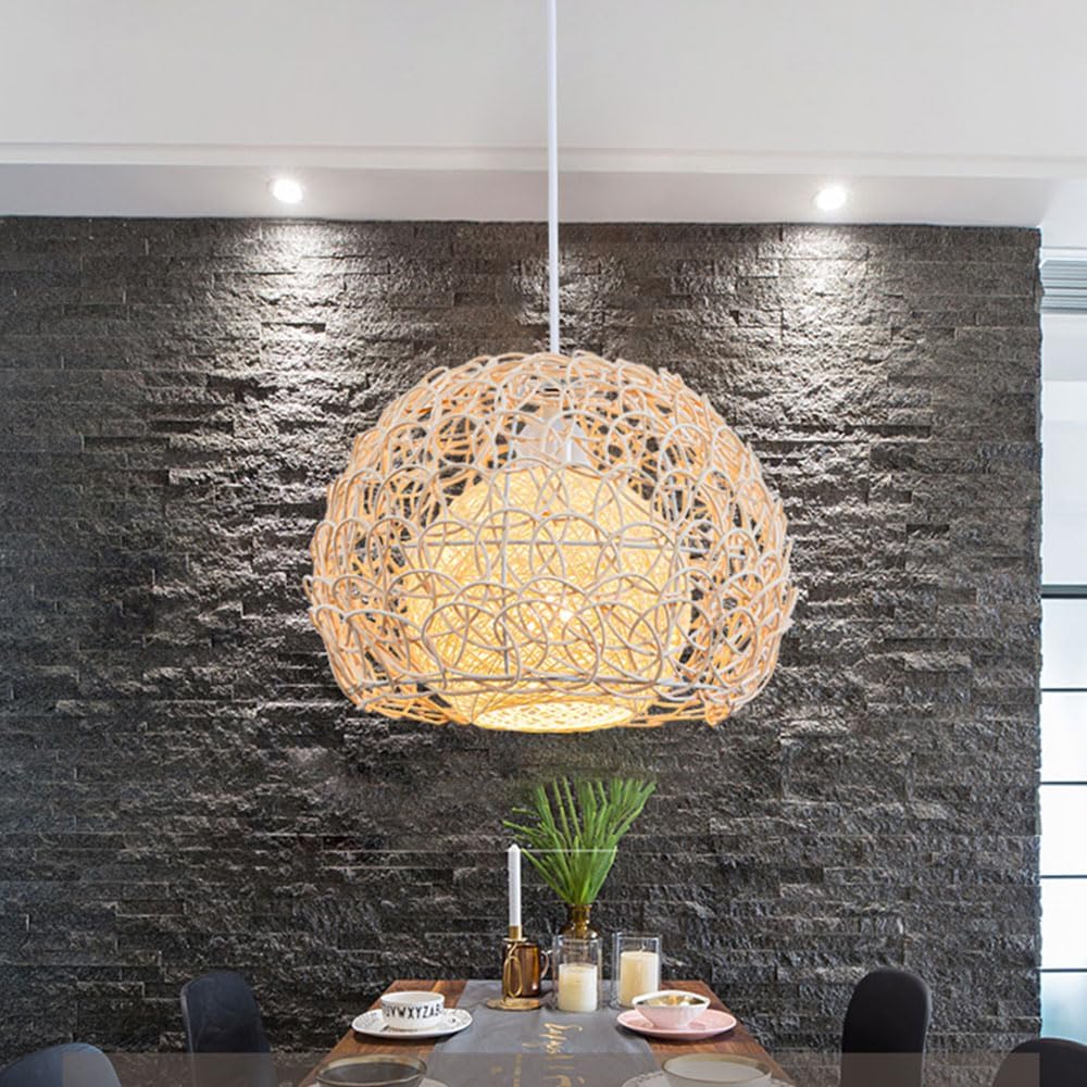 Coastal Light for Kitchen Island Minimalist Lighting with Hand Woven Rattan Cage Shade, Boho Coastal Chandelier Light Fixtures Round Hanging Lamp for Living Room Porch/40Cm