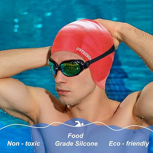 Vista 34 de Swimming Cap, Silicone Swim Cap for Women Men, Durable Non-Slip Waterproof Swim Cap Protect Ears, Long Hair for Adults, Older Kids Carbon,2