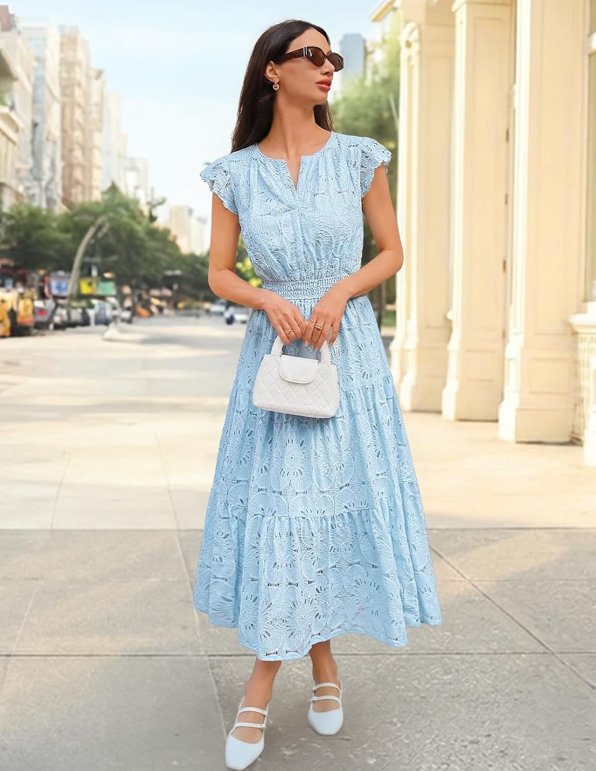 MEROKEETY Women's Summer Lace Eyelet Maxi Dress 2026 Spring Casual Boho Flutter Sleeve Tiered Flowy Beach Vacation Dresses - Image 6