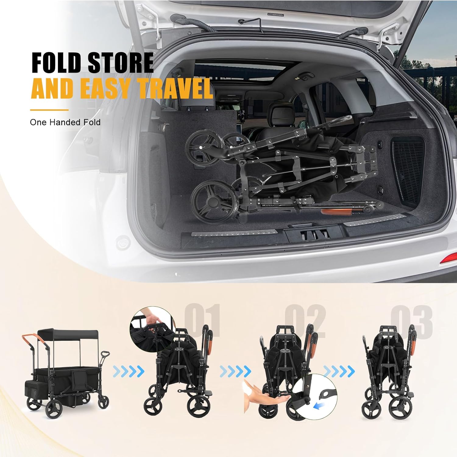 Stroller Wagon for 2 Kids, Foldable All Terrain Wagon for Kids, with Removable Canopy, Adjustable Push and Pull Handle, 5 Point Harnesses, Large Storage Bag (Black)