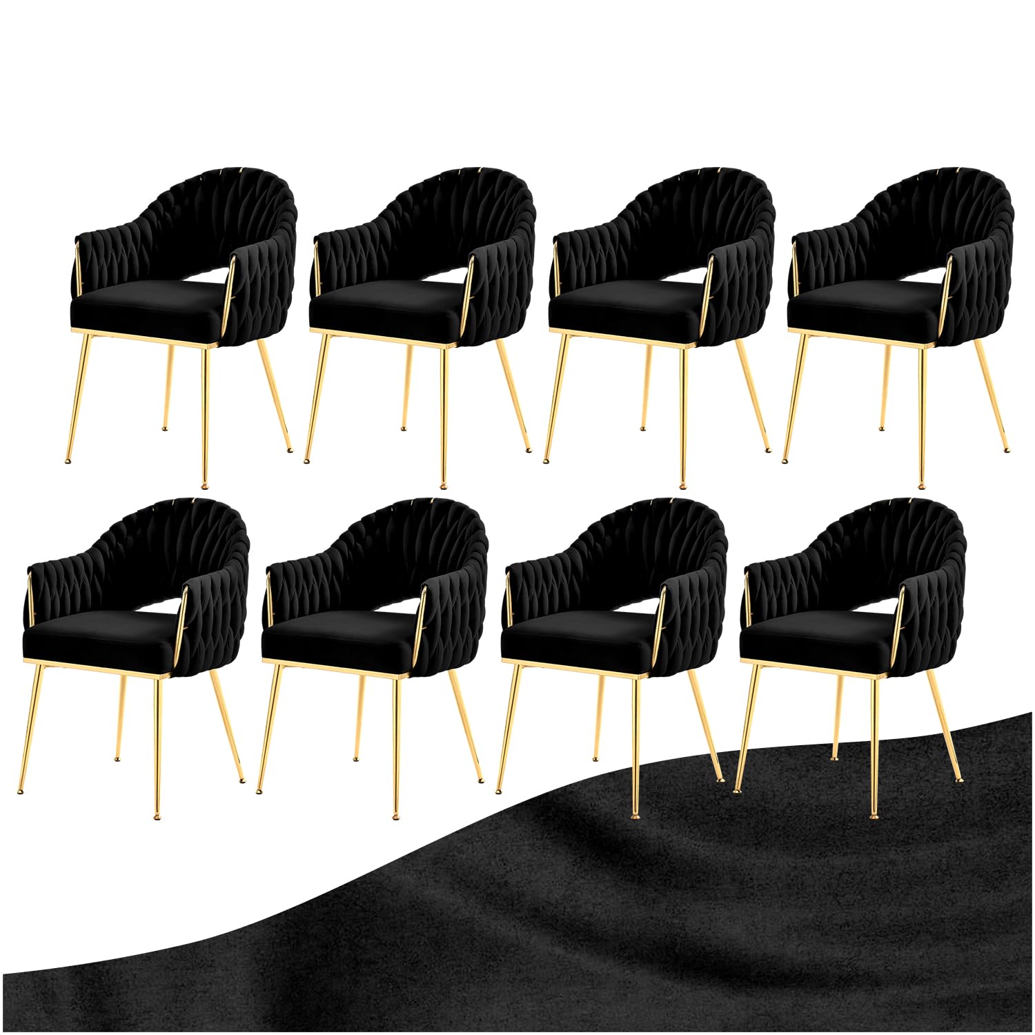 Set di 8 Sedie da Pranzo in Velluto - Sedie Cucina Moderne Imbottite - Poltrone Scandinave da Lettura con Braccioli e Schienale - Oro e Nero