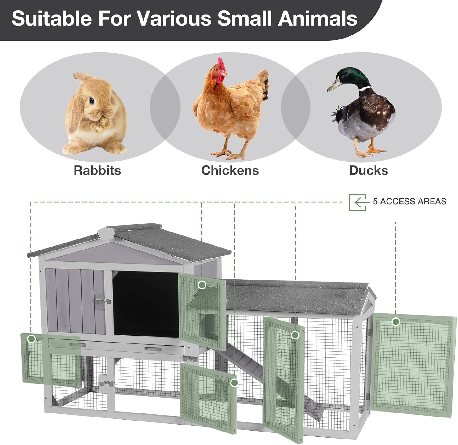 Chicken Coop Outdoor, Wooden Chicken House with Leakproof Tray and Waterproof Roof, Small Chicken Coops for 2 Chickens, Duck House, Rabbit Hutch