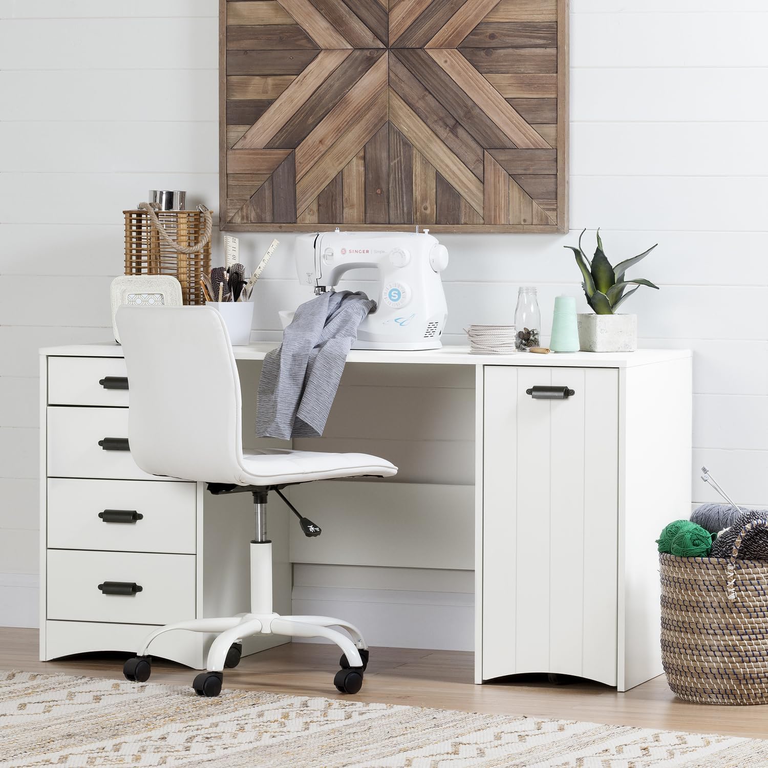 HomeStock Sewing Craft Table with Storage - White Laminate Workstation