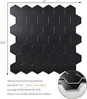 Vista 2 de Pelar y pegar azulejos negros, panel compuesto de aluminio hexagonal autoadhesivo para cocina (5 hojas)