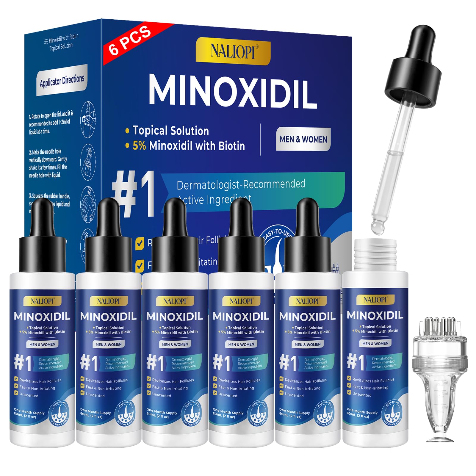 6 Pack NALIOPI 5% Minoxidil Topical Solution for Men & Women – Hair Regrowth Treatment for Thinning Hair, Receding Hairline & Crown – Extra Strength Scalp & Beard Growth – 6 x 2 fl oz (6 Month Supply)
