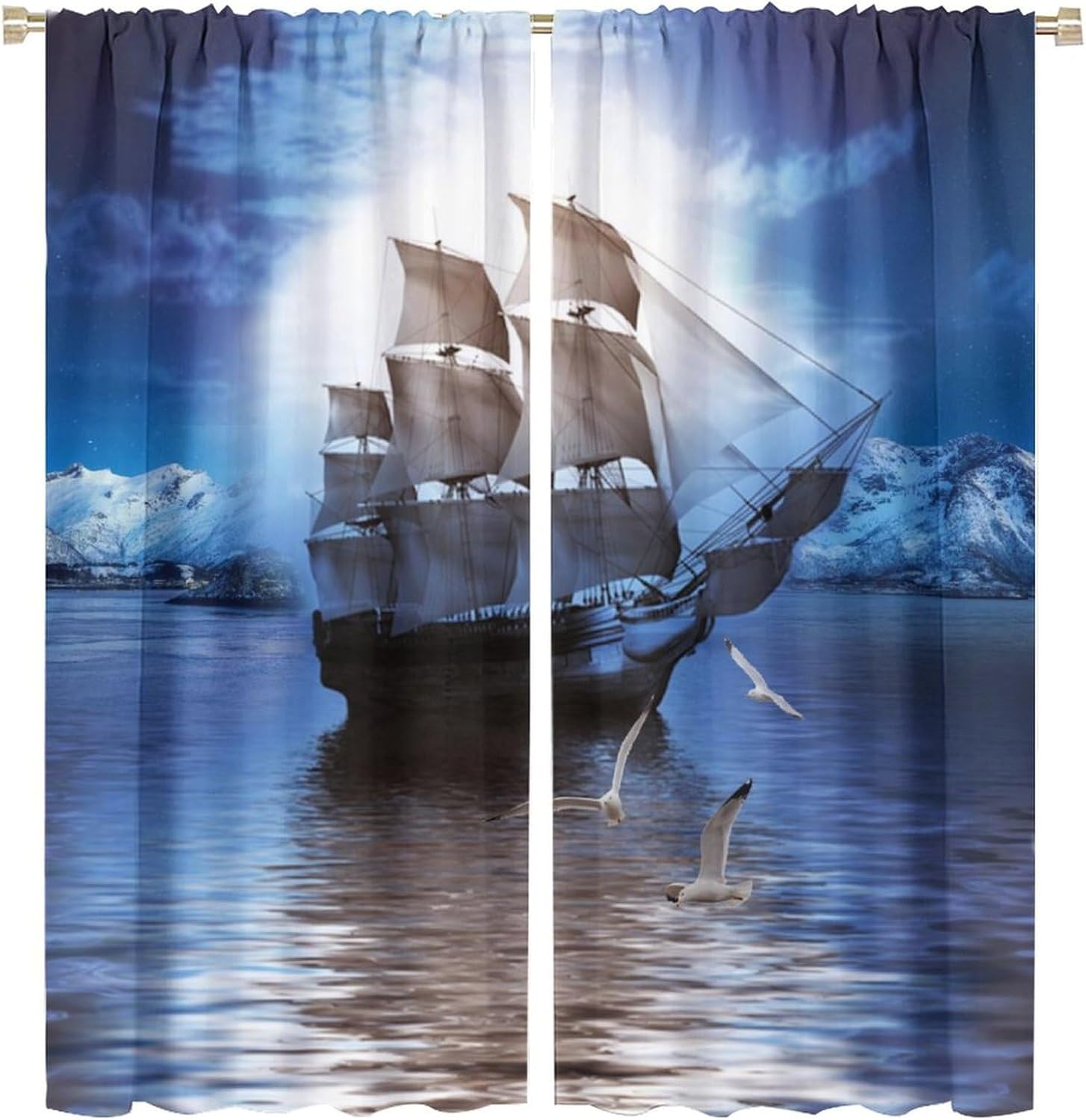 Brebasf Vintage Arctic Nautical Sailing Ship Curtains for Living Room Watercolor Norse Pirate Ship Ocean Seagulls Thermal Insulated Rod Pocket Blackout Curtains/Drapes 2 Panels 72" L x 31.5" W