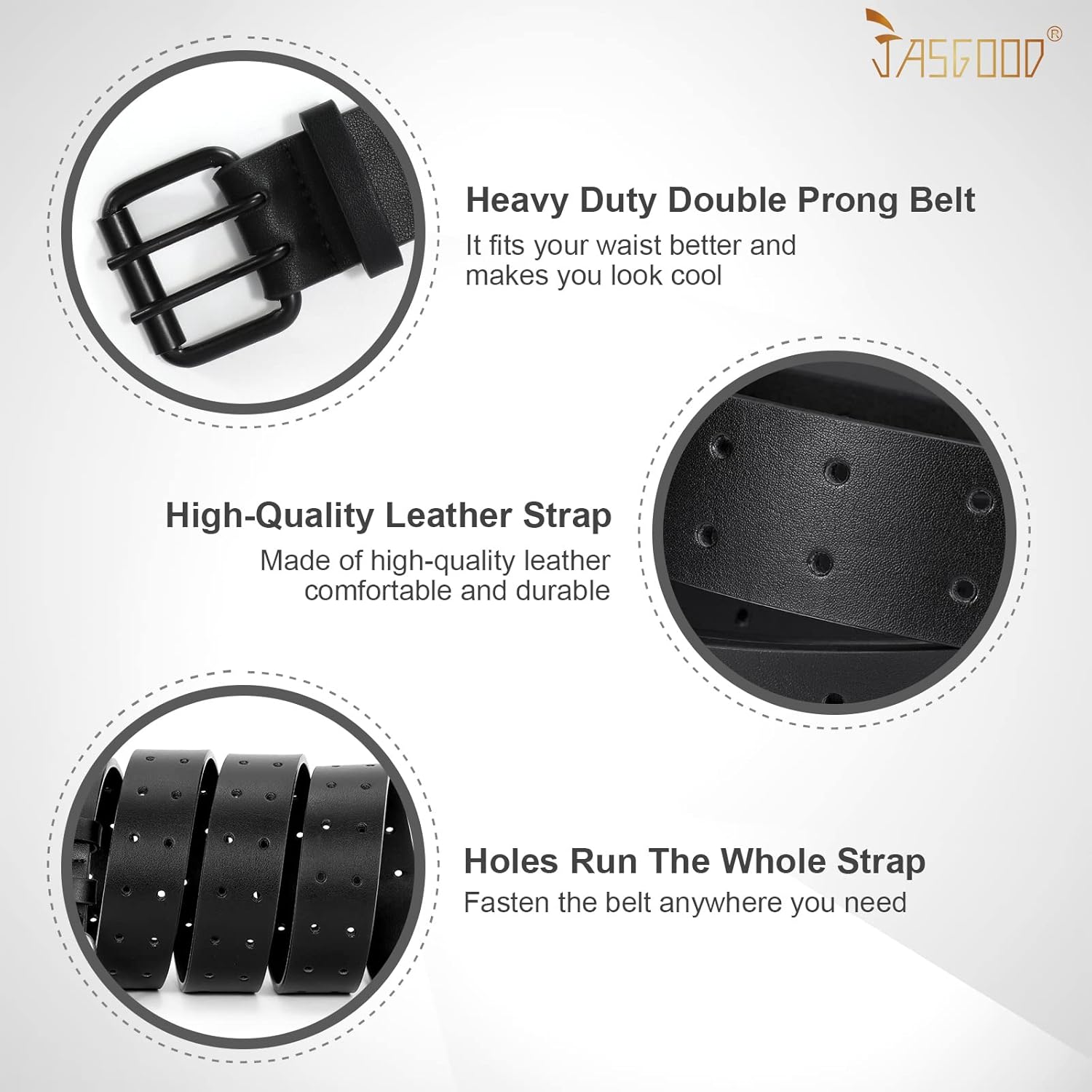 JASGOOD Men Double Prong PU Leather Belt Casual Work Heavy Duty Belt Double Grommet Holes Belt for Jeans - Image 6