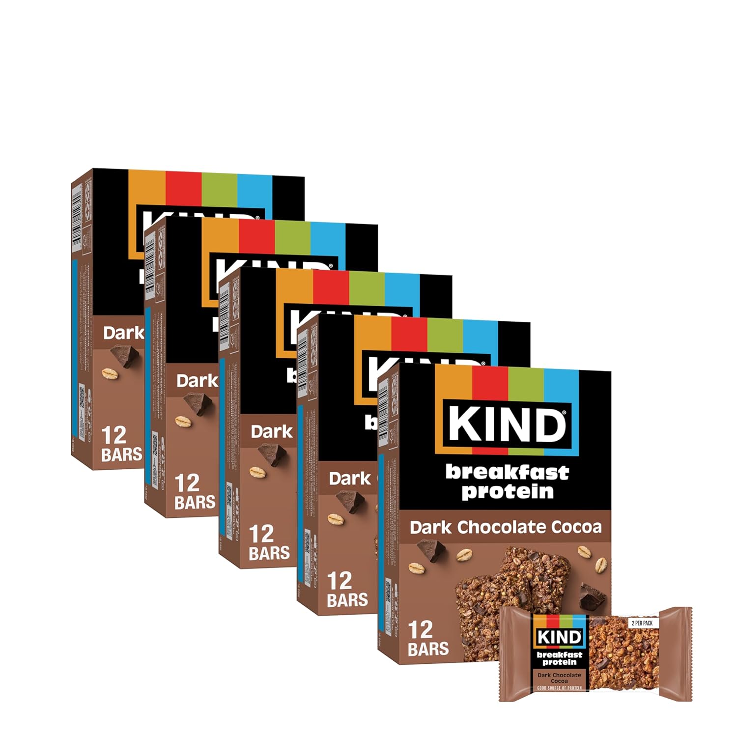 KIND Breakfast Protein Bars, Dark Chocolate Cocoa, Gluten Free, Low Sodium, Healthy Snacks, 8g Protein, 30 Count (30 Packs of 2 Bars)