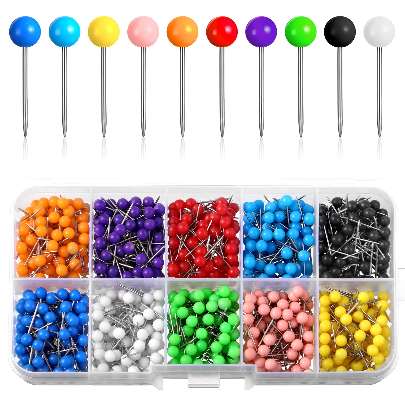 1000 PCS Multi-Color Push Pins Map Tacks, 1/8" Small Map Tacks with Plastic Beads Head Maps Pins for Travel Maps, Thumb Tack with 1/8 Inch Round Head with Stainless Point for Bulletin Board, 10 Color