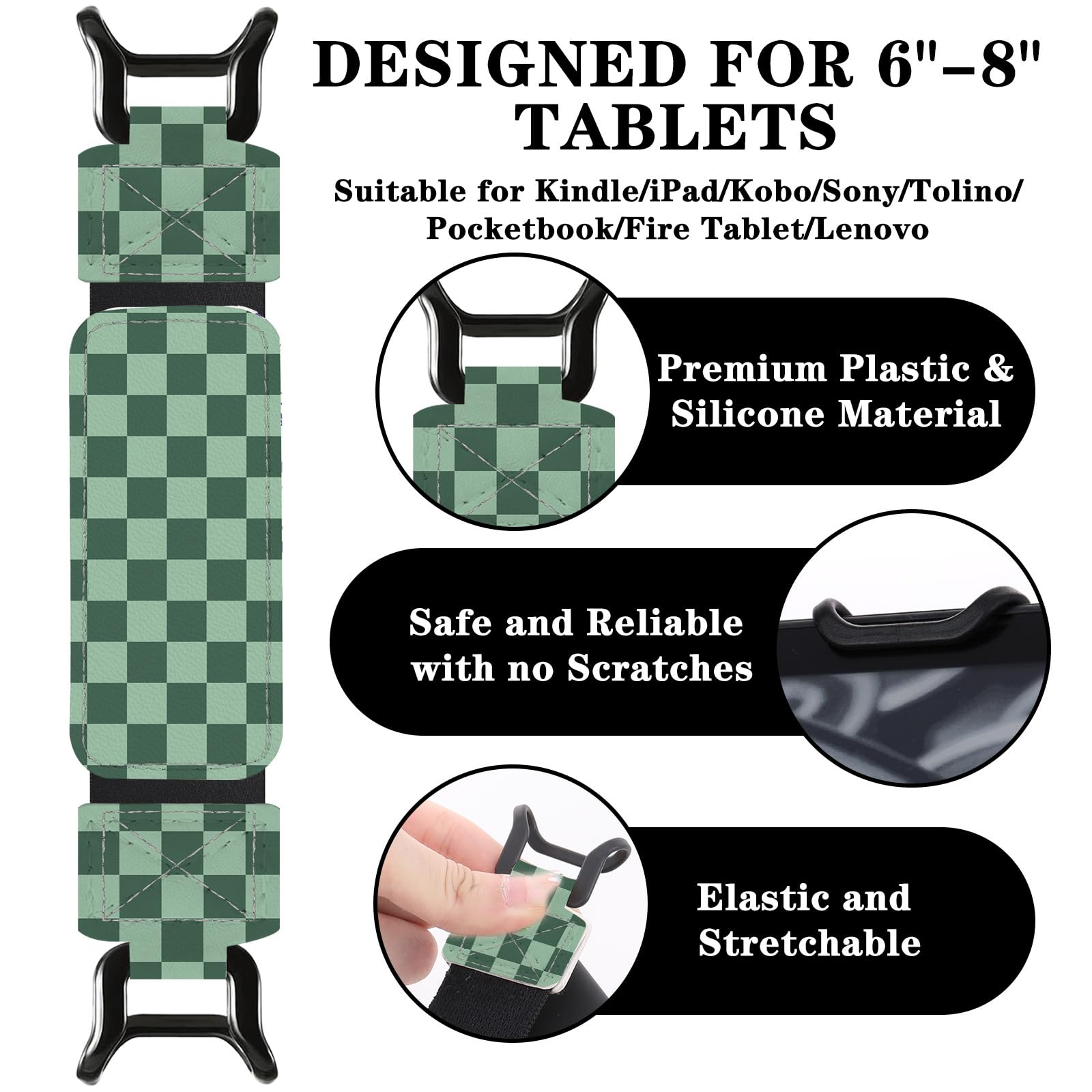 Handschlaufe-Zubehör für Kindle, grün karierter Fingergriff für 15,2–20,3 cm (6 - 8 Zoll) Paperwhite 11. / 12. Generation/Kobo/Sony/Lenovo/iPad Mini Ereader E-Book Tablet, hohe Elastizität