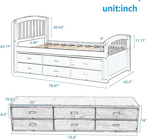 Miniatura 2 de HYC Cama de plataforma de madera tamaño individual cama de almacenamiento capitán con 6 cajones muebles de dormitorio para niños gris