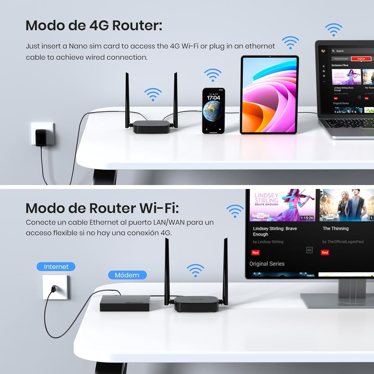 Tenda 4G03 Pro - Router 4G SIM, Wireless LTE CAT4, Router 4G con Tarjeta SIM Velocidad hasta 300Mbps, Plug&Play, LAN/WAN Ethernet Port, Charge with Powe Bank, Compatible con múltiples operadores