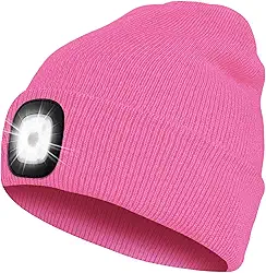 Bosttor Gorro de LED com luz, recarregável e brilhante, chapéu de malha unissex quente de inverno, lanterna de farol para corrida, caminhada, acampamento, presentes tecnológicos para homens, mulheres, adolescentes, rosa