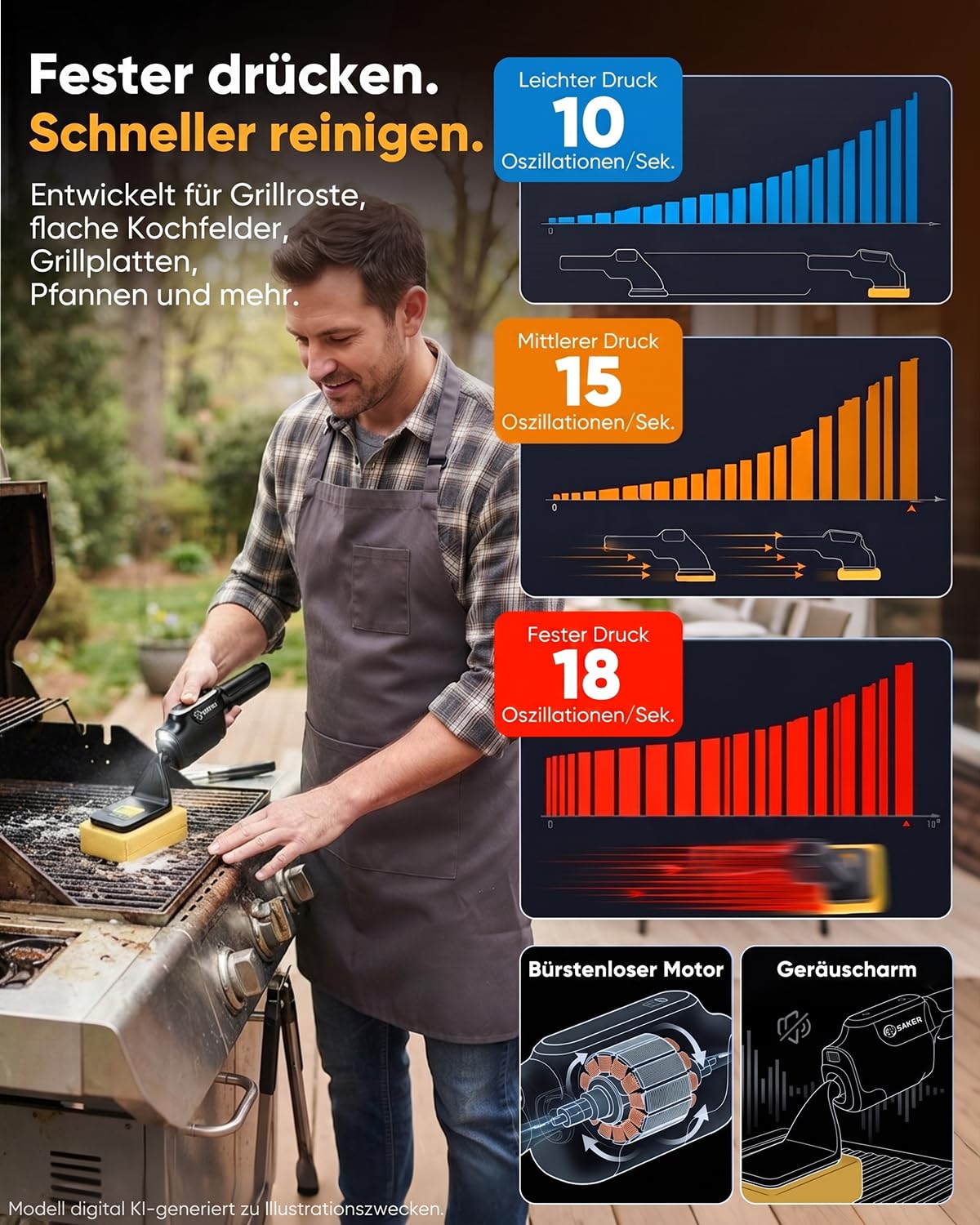Saker Elektrische Grillbürste, Bürstenfreier BBQ-Reiniger mit Feuerbeständigem Pad, Kabelloser Grillreiniger für Holzkohle-, Pellet- und Flachgrills