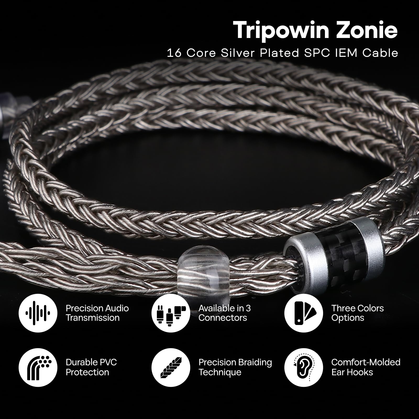 Tripowin Zonie - Cable IEM SPC de 3,5 mm, cable de auriculares de alta fidelidad chapado en plata de 16 núcleos, cables de auriculares para monitor de 1,25 metros para audiófilos