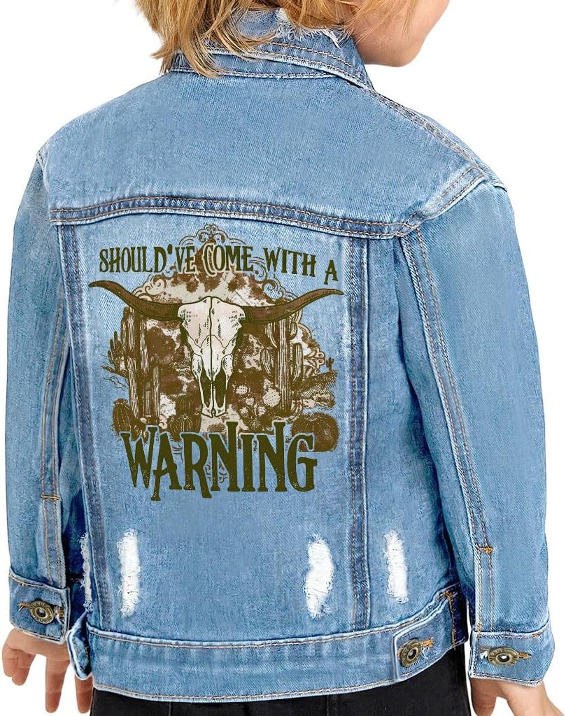 Should've Come With a Warning Toddler Denim Jacket - Cowboy Theme Present - Gift for a Boy - Blue, 12-18 Months