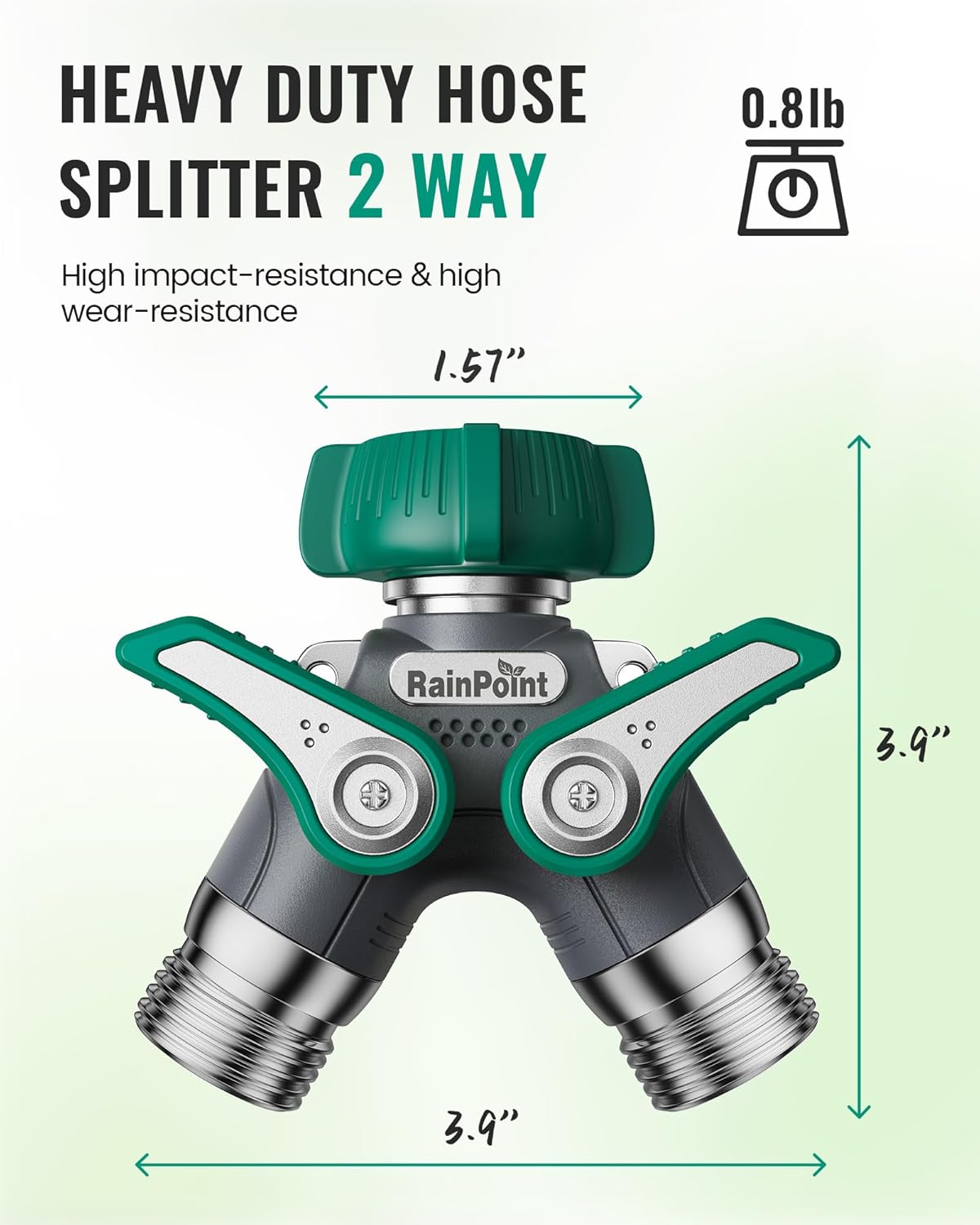 RAINPOINT Garden Hose Splitter 2 Way Heavy Duty, 3/4'' Connector Water Hose Bib Y Spigot Splitter with Shut-Off Valve, 100% Metal Body Full Flow Outdoor Water Faucet Adapter Fittings (1 Pack)