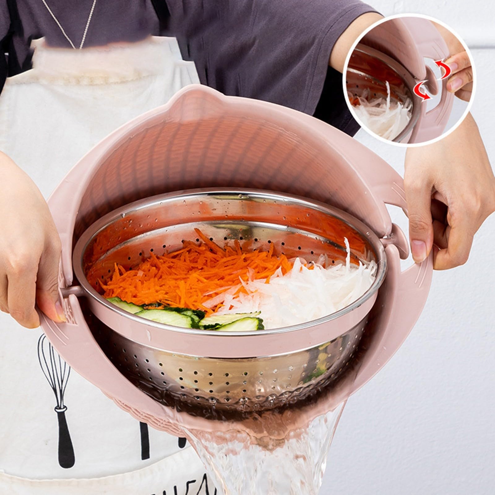Escurreplatos 4 1 colador con cuenco para mezclar, cuenco colador con cuchara medidora, frutas y alimentos, acero inoxidable, giratorio para cocina