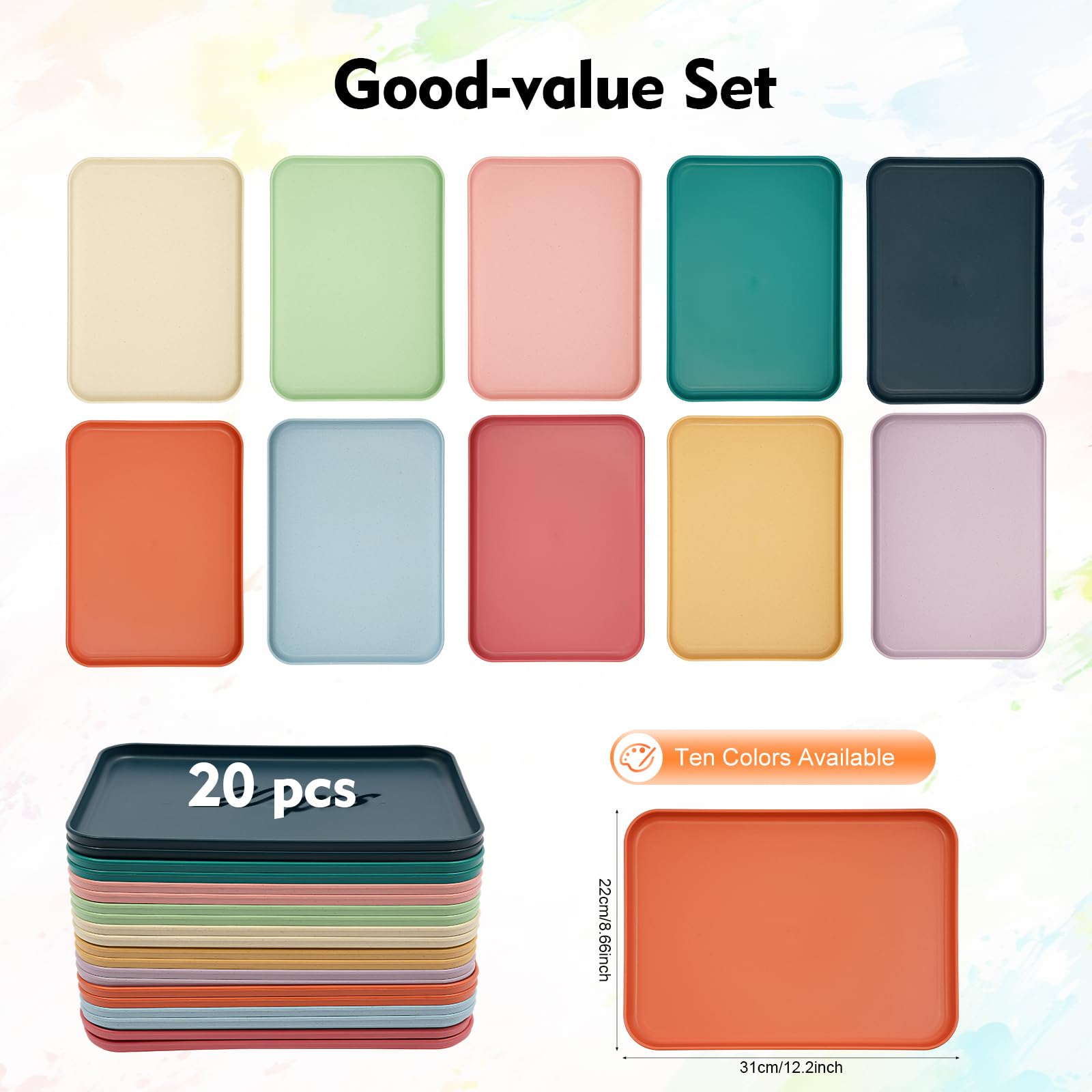 Bandeja rectangular para servir, 20 unidades, para servir, bandejas de plástico, para restaurante, mesa de café y cocina, 31 x 22 cm (10 colores)