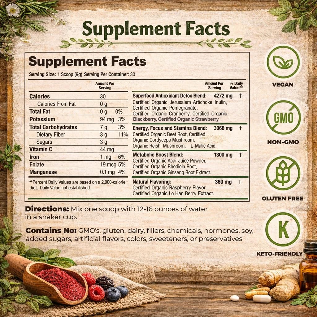 Organic Muscle Reds Superfood Powder, Acai Berry Flavor 30 Servings — Amazon image 4