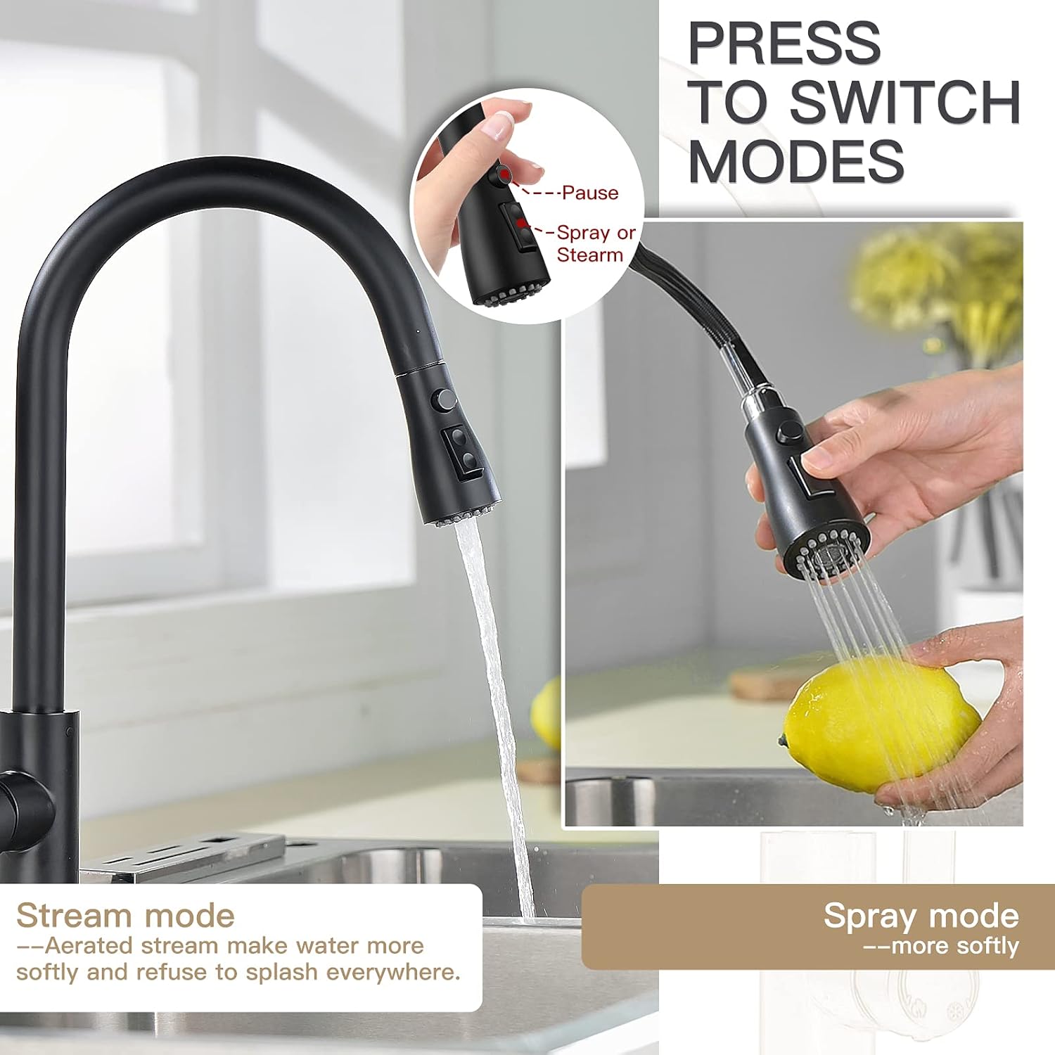 Jazzpuss Black Kitchen Faucets, Magnetic Docking Head Kitchen Faucets with Pull Down Sprayer, Matte Black Kitchen Faucet - - 