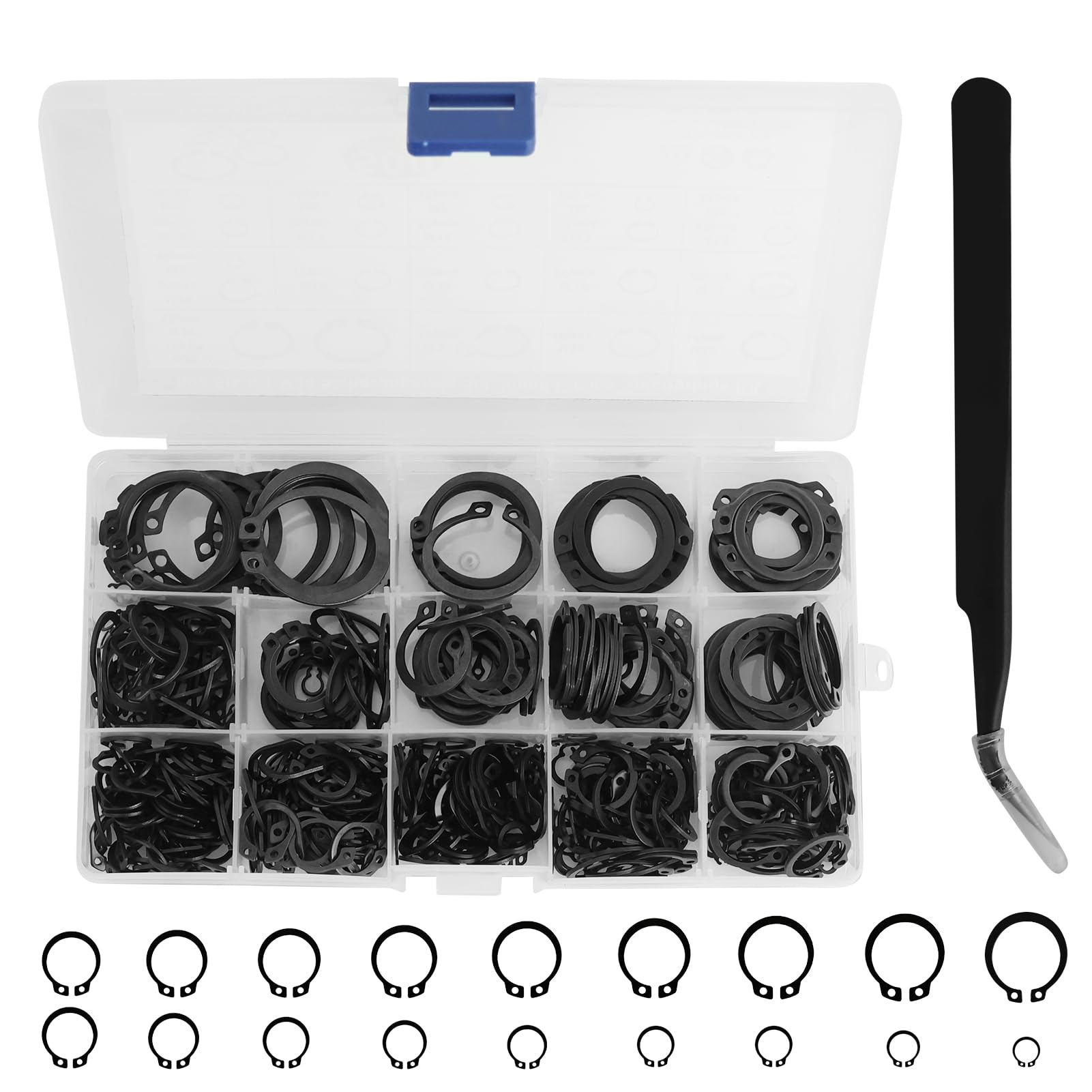 Set di 500 anelli elastici assortiti, set di anelli di sicurezza, clip a C, 21 diverse misure, 4M-28 m, anelli di sicurezza, colore nero, con scatola di plastica (nero)
