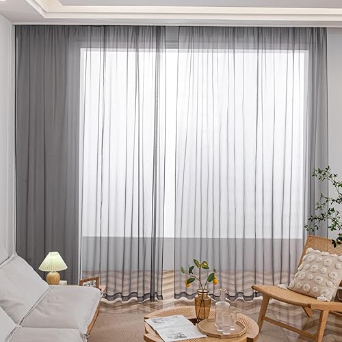 Cortinas traslúcidas color gris claro para la ventana de 108 pulgadas de largo, 2 paneles de cortinas traslúcidas, bolsillo para la barra de la