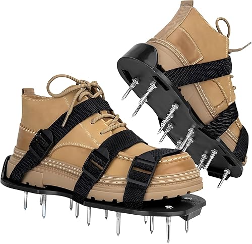 Zapatos aireadores de césped negros con 6 correas ajustables, herramienta aireadora de jardín con pinchos resistentes para aireación de césped, uso
