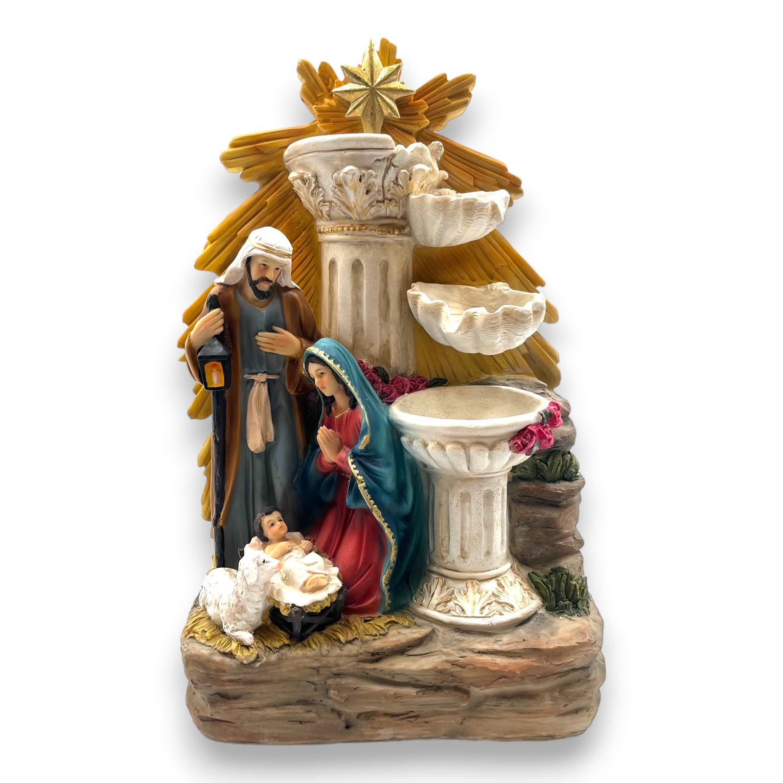 Generico Aurora Store Natività con Colonne Fontana e Luci elettrico 35 cm Decorazione Natalizia Presepio Napoletano Artigianale