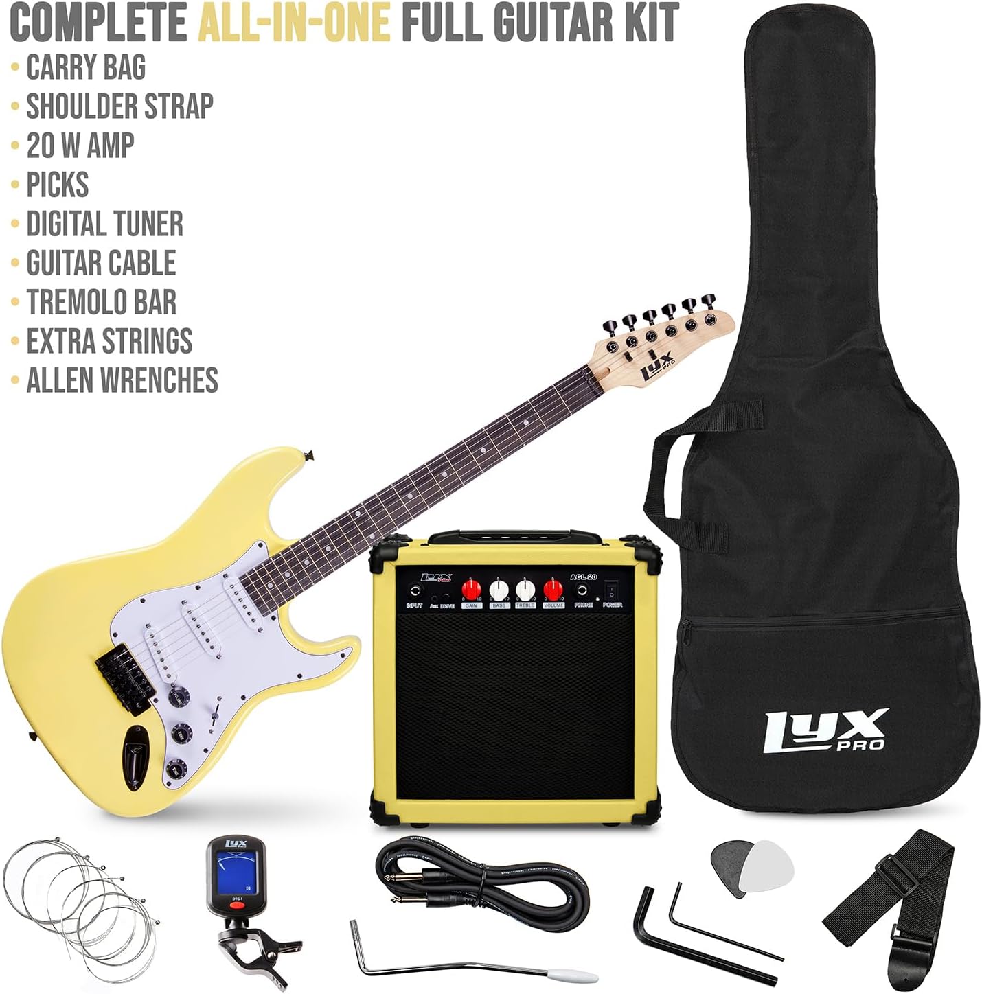 LyxPro 39 inch Electric Guitar Kit Bundle with 20w Amplifier, All Accessories, Digital Clip On Tuner, Six Strings, Two Picks, Tremolo Bar, Shoulder Strap, Case Bag Starter kit Full Size - Retro Yellow