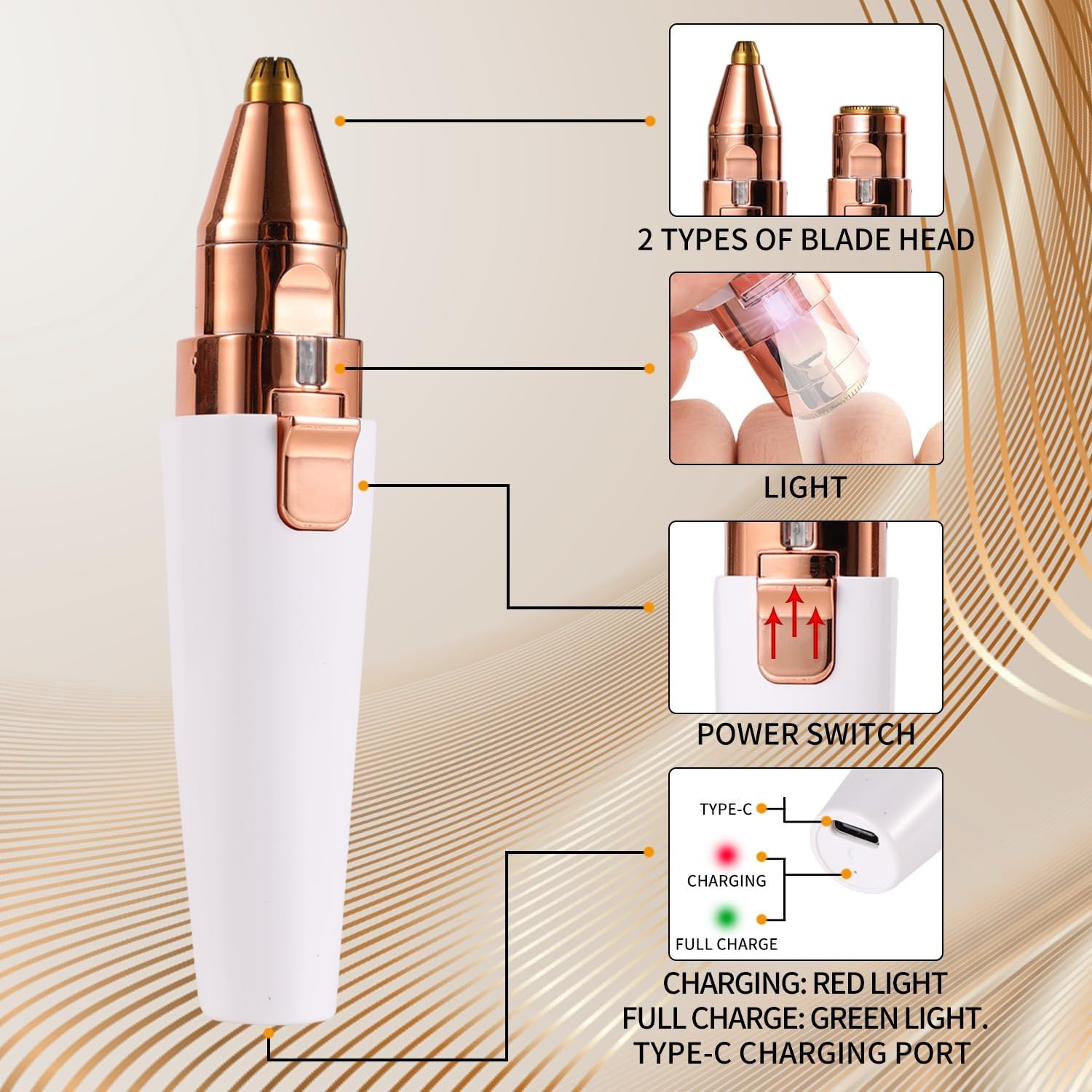 2-in-1 Electric Facial Hair Removal for Women, Chin Upper Lip Peach Fuzz Remover with Rechargeable Eyebrow Trimmer and LED Light for Precise Shaping