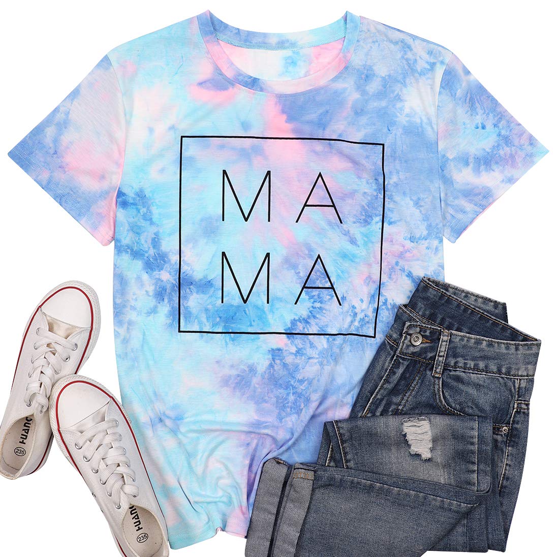MNLYBABYTie Dye Shirt Women Mom Life Tshirts Mama Letter Printed Clothes Casual Short Sleeve Tees Tops