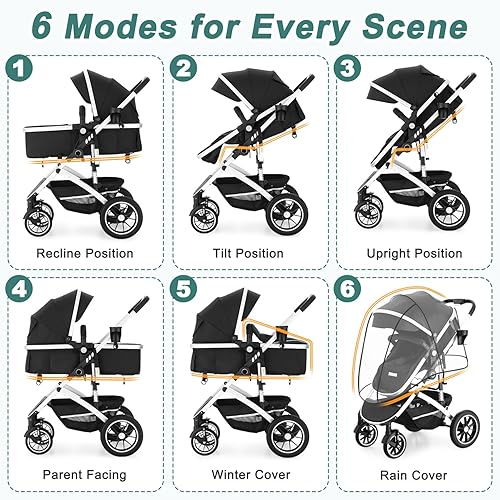 Miniatura 4 de EROMMY Cochecito de bebé 6 en 1 con moisés, cochecito infantil convertible con respaldo y toldo ajustables, cochecito plegable con asiento Negro,Gris