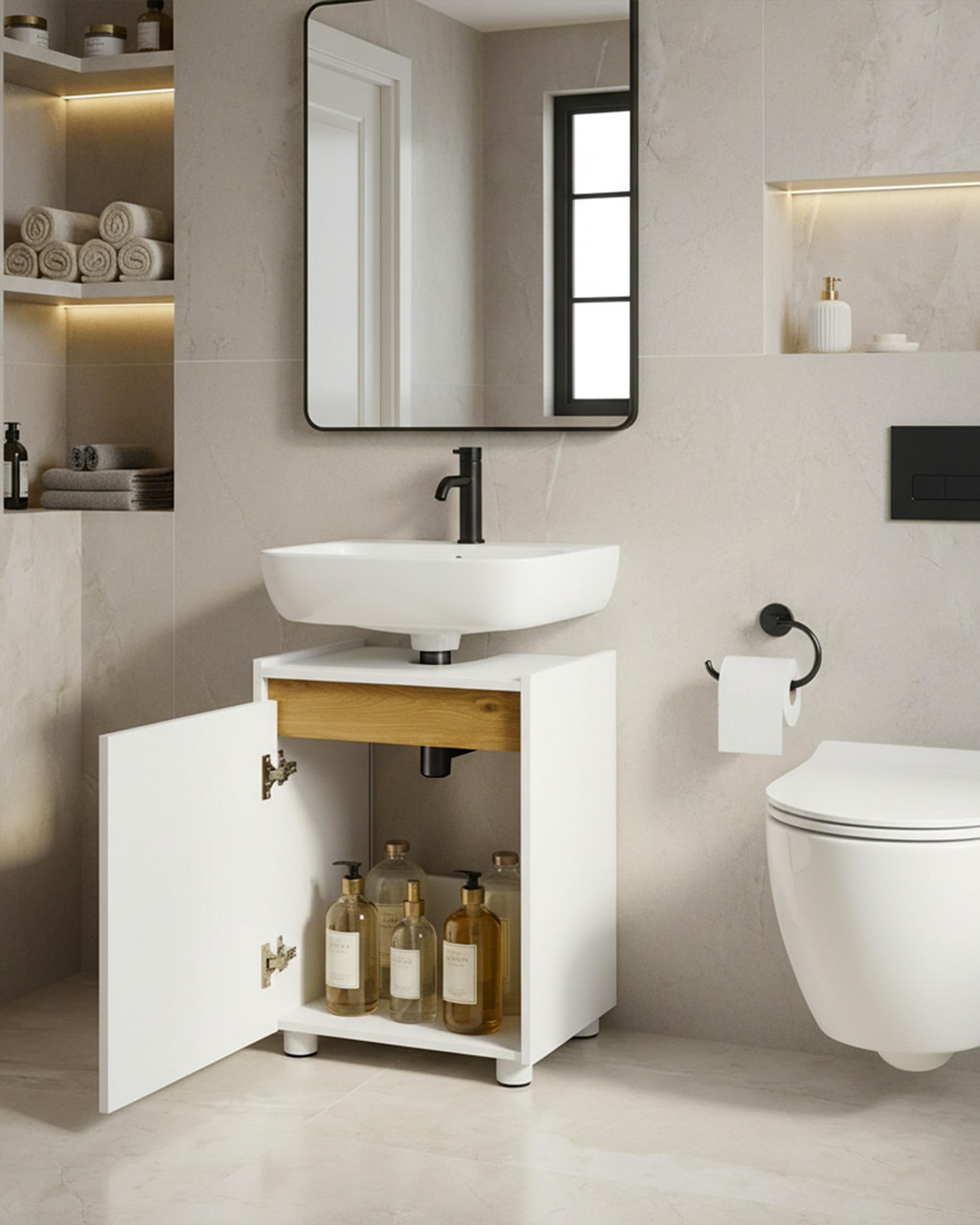 Mueble bajo lavabo blanco para cuarto de baño, lavabo con decoración de madera de roble, 42 x 33 x 54,5 cm, armario bajo lavabo estrecho con estante ajustable, sin mango